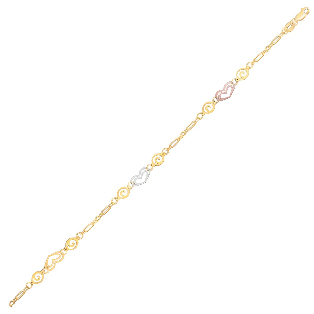 14k Tri-Color Gold Anklet with Multi Color Heart Stations