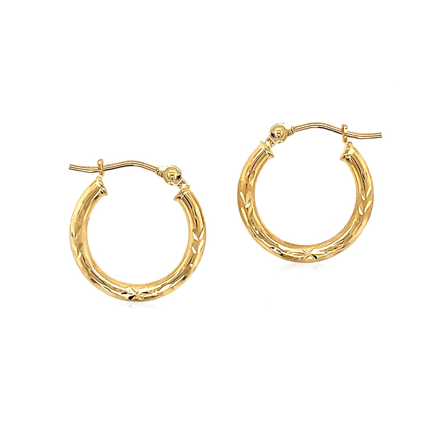 14k Yellow Gold Fancy Diamond Cut Slender Small Hoop Earrings (2x15mm)