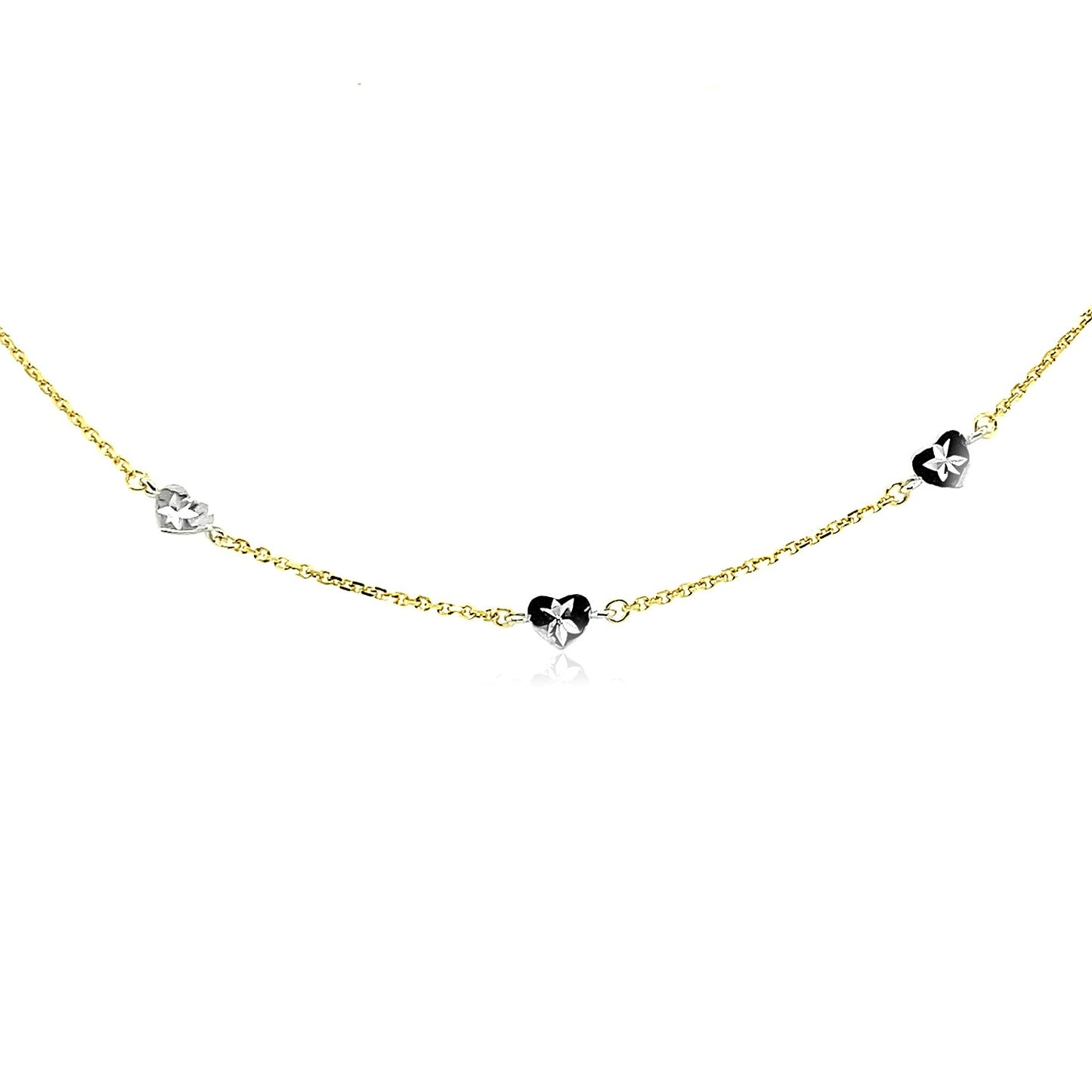 14k Two Tone Gold Anklet with Diamond Cut Heart Style Stations