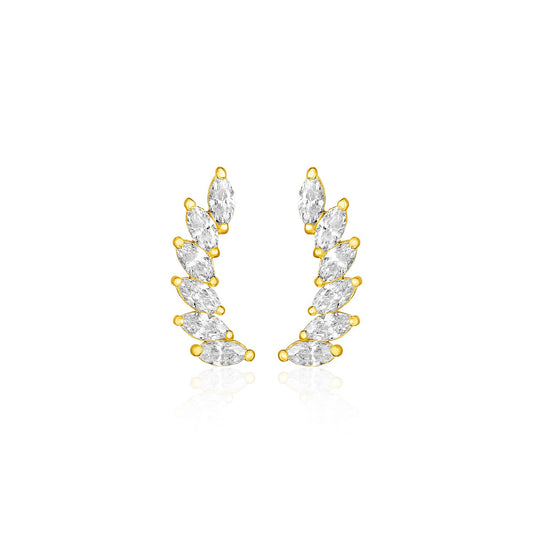 14k Yellow Gold Leaf Motif Climber Post Earrings with Marquise Cubic Zirconias