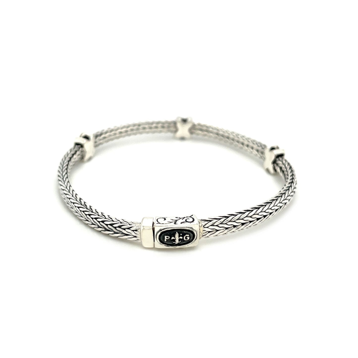 Woven Rope Bracelet with Black Sapphire X Accents in Sterling Silver