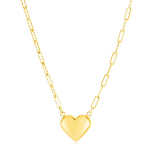 14k Yellow Gold Paperclip Chain Necklace with Puffed Heart