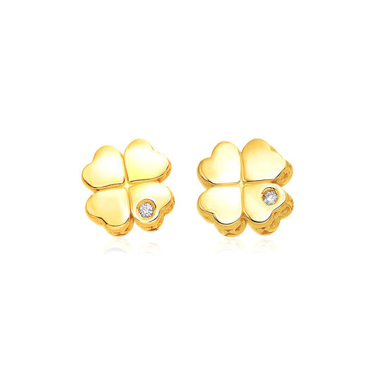 14k Yellow Gold Polished Four Leaf Clover Earrings with Diamonds(7mm)