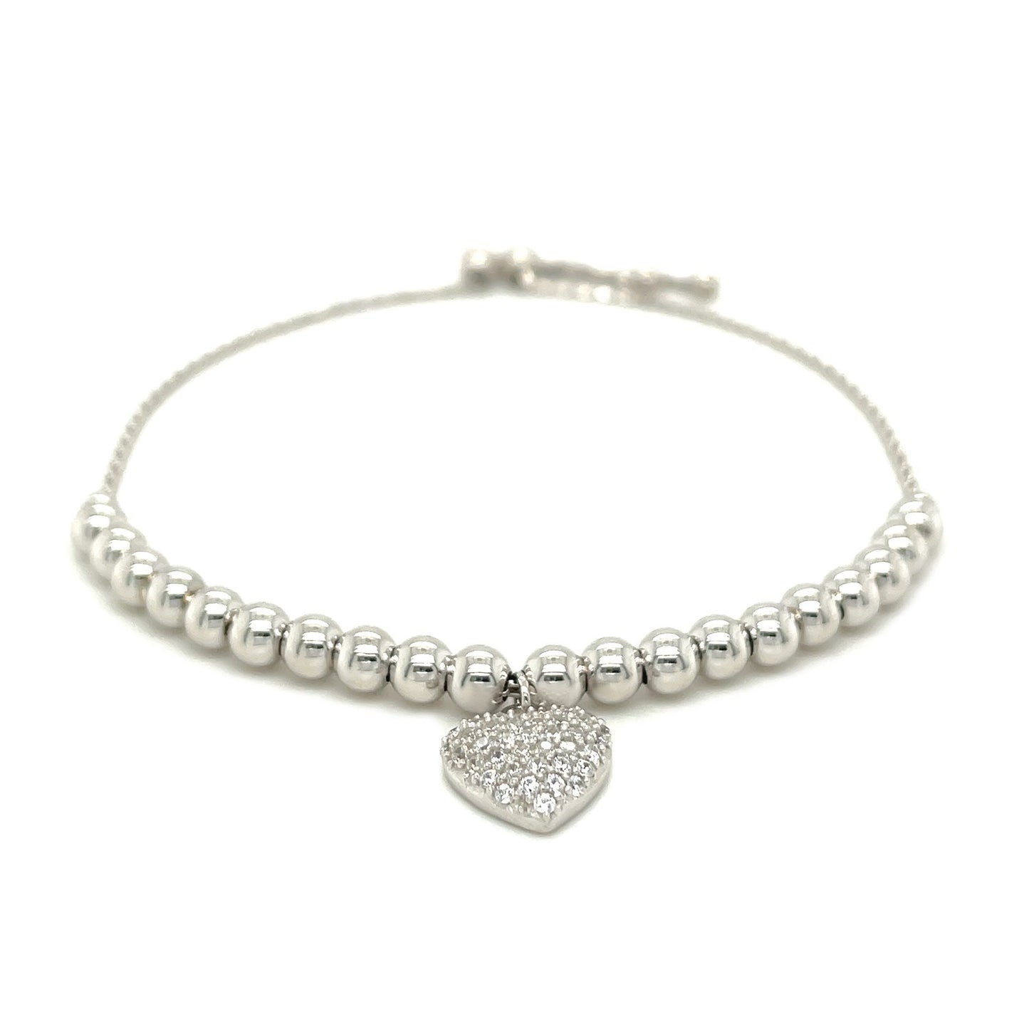 Adjustable Bead Bracelet with Round Charm and Cubic Zirconias in Sterling Silver