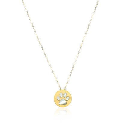 14k Yellow Gold Necklace with Dog Paw Print Symbol in Mother of Pearl