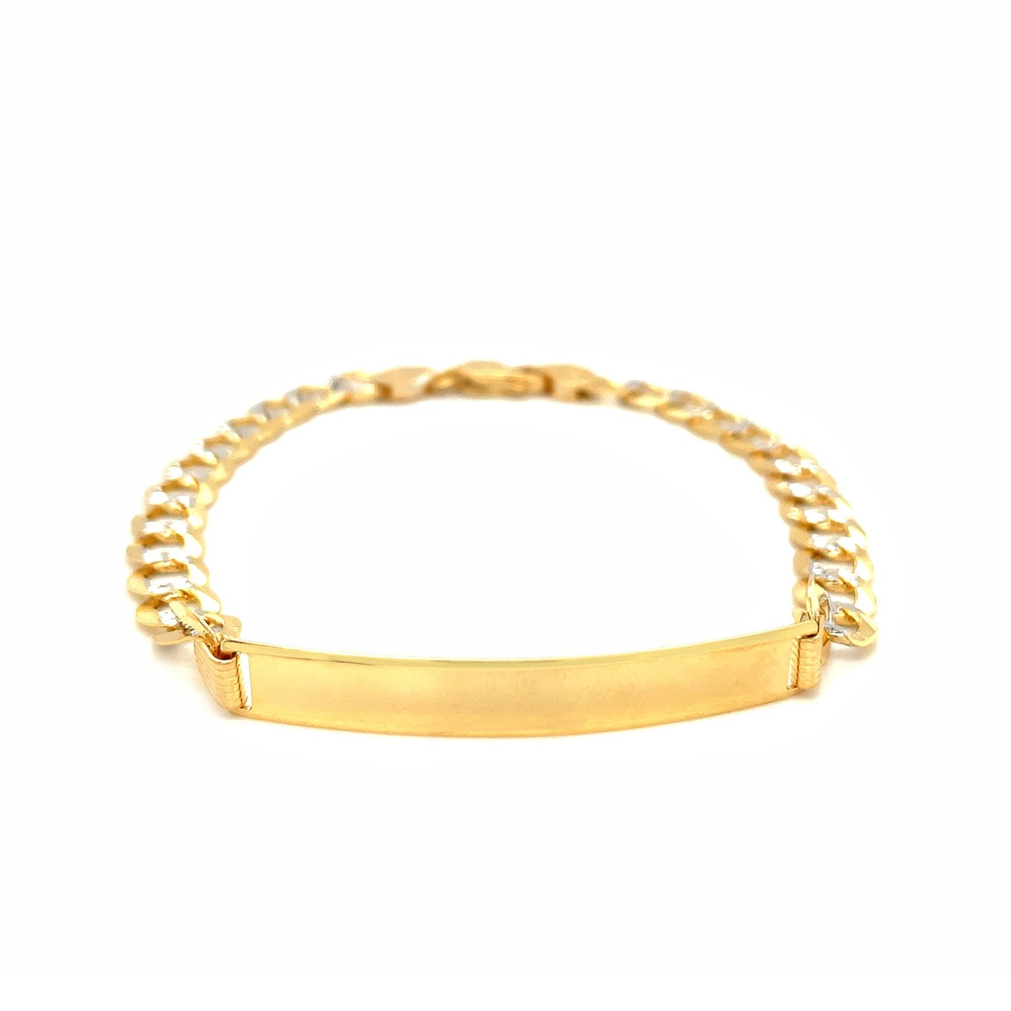 14k Two Tone Gold Mens Narrow Curb Chain ID Bracelet with White Pave (6.70 mm)