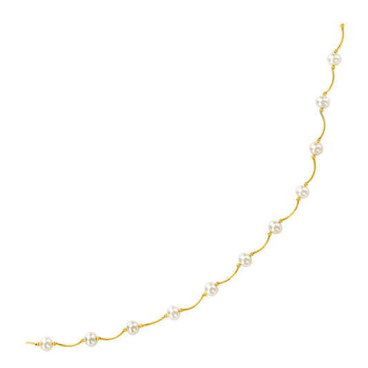 14k Yellow Gold Arc Link Necklace with White Pearls