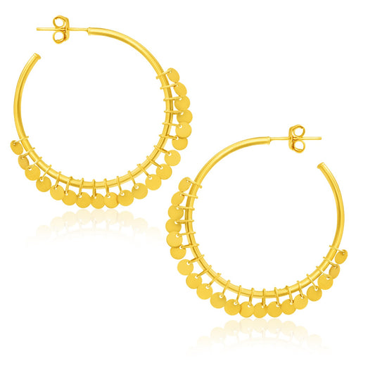 14k Yellow Gold Hoop Style Earrings with Dangling Sequins(1.5x30mm)