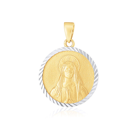 14k Two Tone Gold Round Textured Religious Medal Pendant